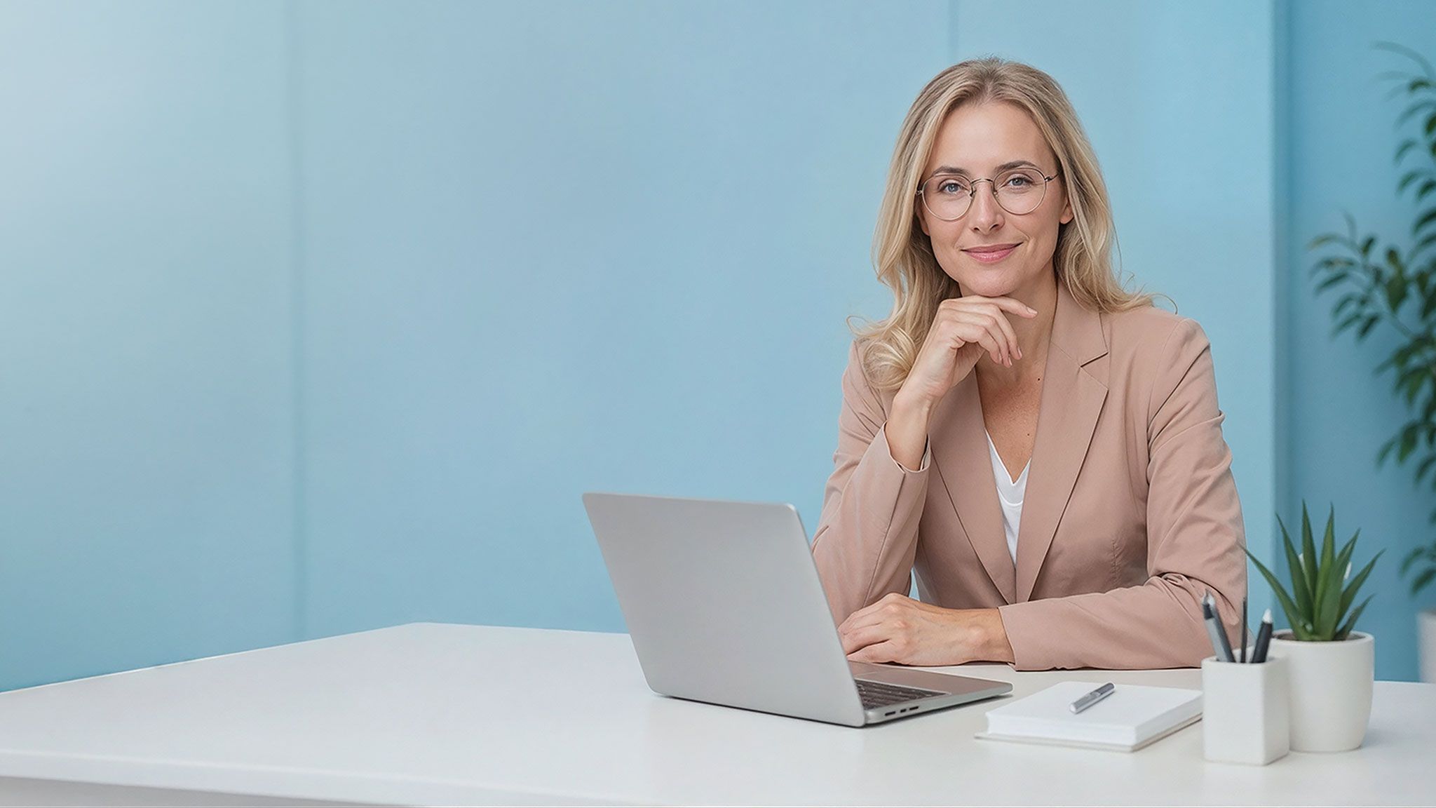 Az ECK alkalmazás használatának előnyeit érzékeltető kép. A képen egy szőke hölgy látható irodai környezetben, egy íróasztalnál, egy laptop előtt ülve. A hölgy visszatérő szereplője az oldalnak, az ECK alkalmazás felhasználóját jelképezi. Ezen a képen magabiztos, kedves mosollyal néz a kamerába, azt kommunikálva, hogy elégedett az ECK szolgáltatás nyújtotta előnyökkel.